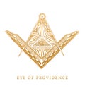 All-seeing eye of providence. Masonic square and compass symbols. Freemasonry pyramid engraving logo, emblem.