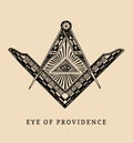 All-seeing eye of providence. Masonic square and compass symbols. Freemasonry pyramid engraving logo, emblem. Royalty Free Stock Photo