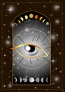 All seeing Eye providence masonic symbol golden moon phases Royalty Free Stock Photo