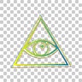 All seeing eye pyramid symbol. Freemason and spiritual. Blue to green gradient Icon with Four Roughen Contours on stylish