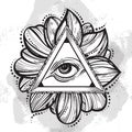 All seeing eye pyramid symbol. Hand-drawn Eye of Providence. Alchemy, religion, spirituality, tattoo art. Royalty Free Stock Photo