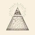 All seeing eye pyramid symbol. New World Order. Hand drawn sketch vector Royalty Free Stock Photo