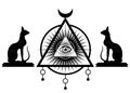 All Seeing eye, the third eye icon inside triangle pyramid and Egyptian black cats. Sacred Masonic symbol, alchemy, religion sign