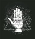 All Seeing Eye Triangle Geometric Vector Design. Providance Pyramid Tattoo Symbol with Occult Secret Hand Sign. Mystic Royalty Free Stock Photo