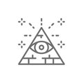 All seeing eye, triangle, pyramid line icon.
