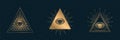 All seeing eye vector, illuminati symbol in triangle with light ray, tattoo design isolated on black background