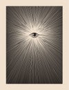 All seeing god eye vintage mystic mason print poster design template with eye surrounded sunburst. Vector illustration