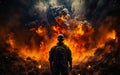 All in a soldier in front of an explosion. A man standing in front of a large explosion Royalty Free Stock Photo