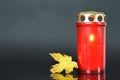 All Soul`s Day. Memorial candle and autumn leaf