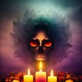 All Souls Day,All Saints Day Backdrop. Lit Candles, Gloomy Concept And Creative Background. Digital Art