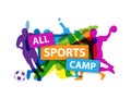 Silhouettes showing people taking part in various sports in the colors of the rainbow with colorful `ALL SPORTS CAMP` banner Royalty Free Stock Photo