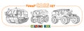 All-terrain vehicles with eyes. Car coloring book Royalty Free Stock Photo