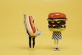 all thoughts of fast food. a man and a woman with a hot dog and a cheeseburger instead of heads. 3d render Royalty Free Stock Photo