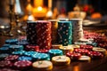 All - In Thrills: Poker chips stack high as players push their luck, bluffing and strategizing, their eyes locked on the table, Royalty Free Stock Photo