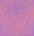 All Together Zodiac Signs Constellations Golden Pattern Illustrations. Royalty Free Stock Photo