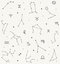 All Together Zodiac Signs Constellations Pattern Illustrations. Black and White Option. Royalty Free Stock Photo