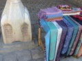 All type of scarfs in exposure on a table in Uzbekistan.