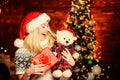 All she wants for christmas. Cheerful woman. Woman got teddy bear toy present. Santa hat christmas accessory. Cute gift