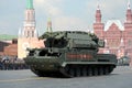 All-weather tactical anti-aircraft missile system `Tor-M2` at the dress rehearsal of the parade on Red Square in honor of Victory