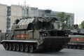 All-weather tactical anti-aircraft missile system `tor-M2` on Tverskaya street during a night rehearsal of the parade dedicated t