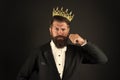 All what they say is true. Handsome bearded guy king. King crown. Egoist selfish man. Superiority complex. Narcissistic Royalty Free Stock Photo