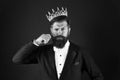 All what they say is true. Handsome bearded guy king. King crown. Egoist selfish man. Superiority complex. Narcissistic Royalty Free Stock Photo