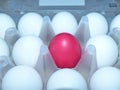 All white and one red upstart. Red surrounded by white. Colorful Easter eggs are part of the Easter meal. Royalty Free Stock Photo