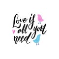 All you need is love phrase. Hand drawn lettering. Modern brush calligraphy with couple of birds characters. Hand Royalty Free Stock Photo