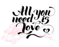 All you need is love. Valentines day calligraphy card. Hand drawn design elements. Handwritten modern brush lettering. Royalty Free Stock Photo