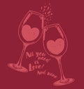 `All you need is love and wine` poster with two wine glasses and hearts Royalty Free Stock Photo
