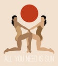 All you need is sun.  Vector hand drawn illustration of  girls in swimsuits  isolated. Royalty Free Stock Photo