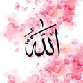 Allah black Arabic calligraphy and pink flowers background.