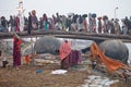 Thousands of Hindu devotees crossing the pontoon bridges over the Ganges River at Maha Kumbh Mela festival Royalty Free Stock Photo