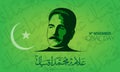 Allama Muhammad Iqbal 9th November National Poet of Pakistan birthday celebration with Urdu and English calligraphy vector Royalty Free Stock Photo