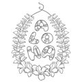 Vector outline Hawaiian lei necklace from tropical Allamanda flower and petal in black isolated on white background.