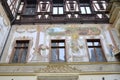 Allegoric frescos on the walls of interior courtyard of Peles castle