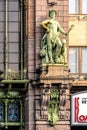 Allegorical sculpture of the God of trade Hermes on the facade of the Eliseyev Emporium Trading house of brothers Eliseev on