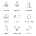 Allergen line icon set. Sulfites, milk trans fats, honey, spicy gluten, lactose fish egg, pollen mollusk, dairy free