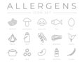 Allergens Outline Icon Set. Peanuts, Mushroom, Shellfish, Fish, Egg, Garlic, Milk, Soy Meat, Celery, Raw Food, Seed, Legume and