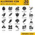Allergens solid icons vector set. Isolated on white background. Allergens icon with solid style