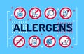 Allergens word lettering typography. Infographics with linear icons on blue background. Creative idea concept. Vector isolated