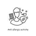 Allergic activity of probiotics icon.Allergic diseases symptoms, sickness and headache from allergen. Thin line vector