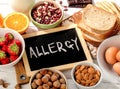 Allergic food on wooden background. Royalty Free Stock Photo