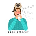 Allergic person with cat on head