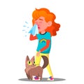 Allergic, Sneezing Girl With A Cat Vector. Isolated Cartoon Illustration Royalty Free Stock Photo