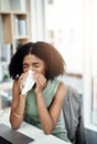 Allergies, blowing nose or sick woman in office or worker with hay fever sneezing or illness in workplace. Female sneeze