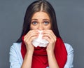 Allergies or flu sickness woman holding paper tissue Royalty Free Stock Photo