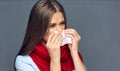 Allergies or flu sickness woman holding paper tissue