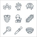 Allergies line icons. linear set. quality vector line set such as clam, eye dropper, candy, soybean, doctor, strawberry, eye,