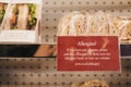 Allergies notice next to sandwiches inside Pret a Manger, London, UK Royalty Free Stock Photo